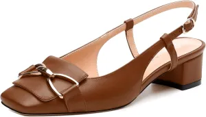 Womens Slingback Buckle Low Chunky Heels Fashion Square Closed Toe Comfort Heeled Sandals Wedding Casual Office Shoes