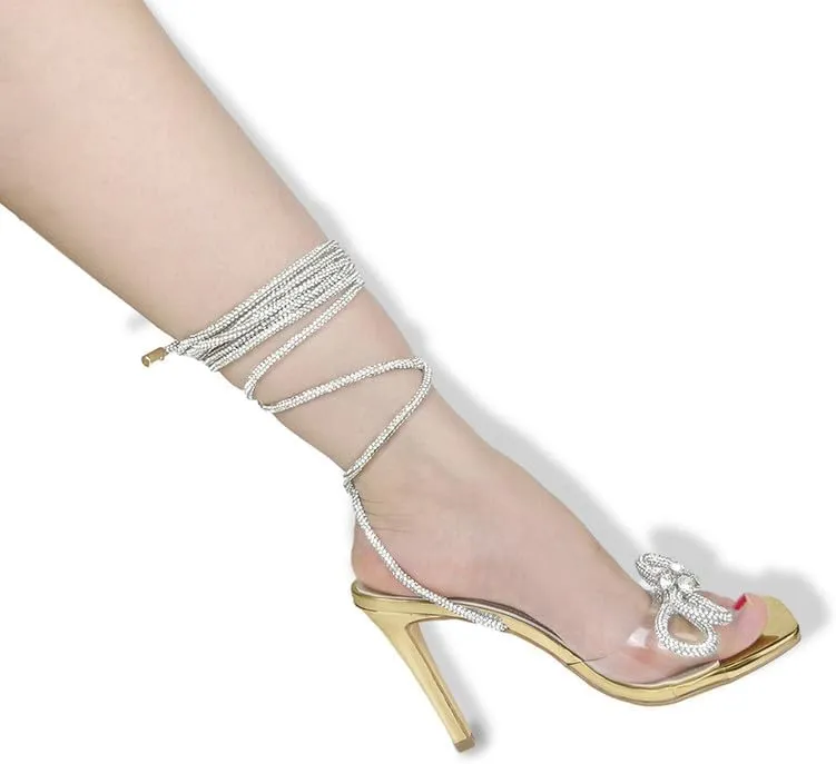 Women's Sparkly Rhinestones Strappy Crystal Bows Shine Heels for Women Sandals