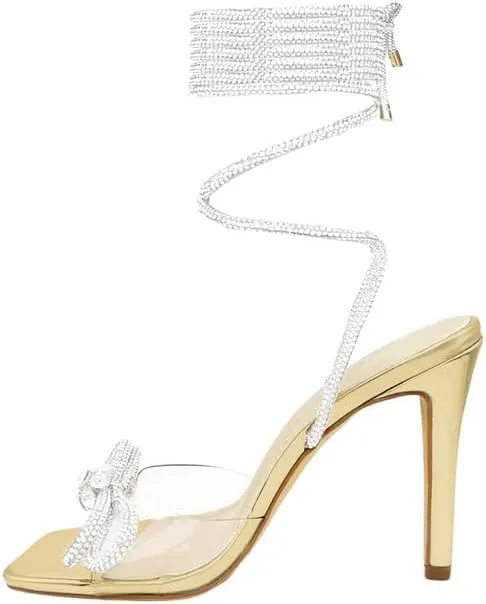 Women's Sparkly Rhinestones Strappy Crystal Bows Shine Heels for Women Sandals