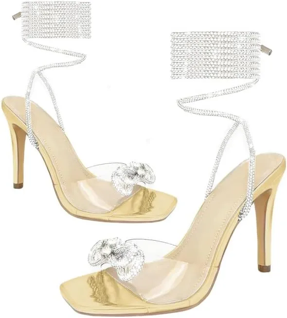 Women's Sparkly Rhinestones Strappy Crystal Bows Shine Heels for Women Sandals