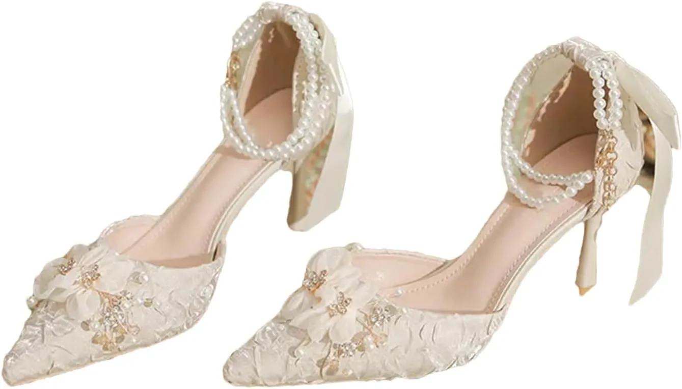 Women's Spring Summer Bridal Wedding Shoes, Pearl Buckle Sandals Bowknot Exquisite Flower Single Heels