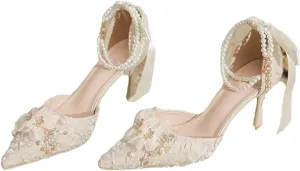Women's Spring Summer Bridal Wedding Shoes, Pearl Buckle Sandals Bowknot Exquisite Flower Single Heels