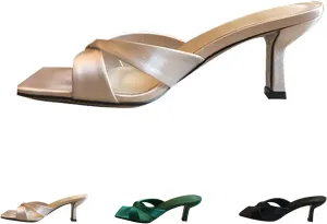 Women's Square Toe Slip On Open Toe Heeled Sandal,with Arch Support Summer Fashion Criss Cross Satin Cloth Sexy Stiletto Heel Dress Pumps Sandals Slippers