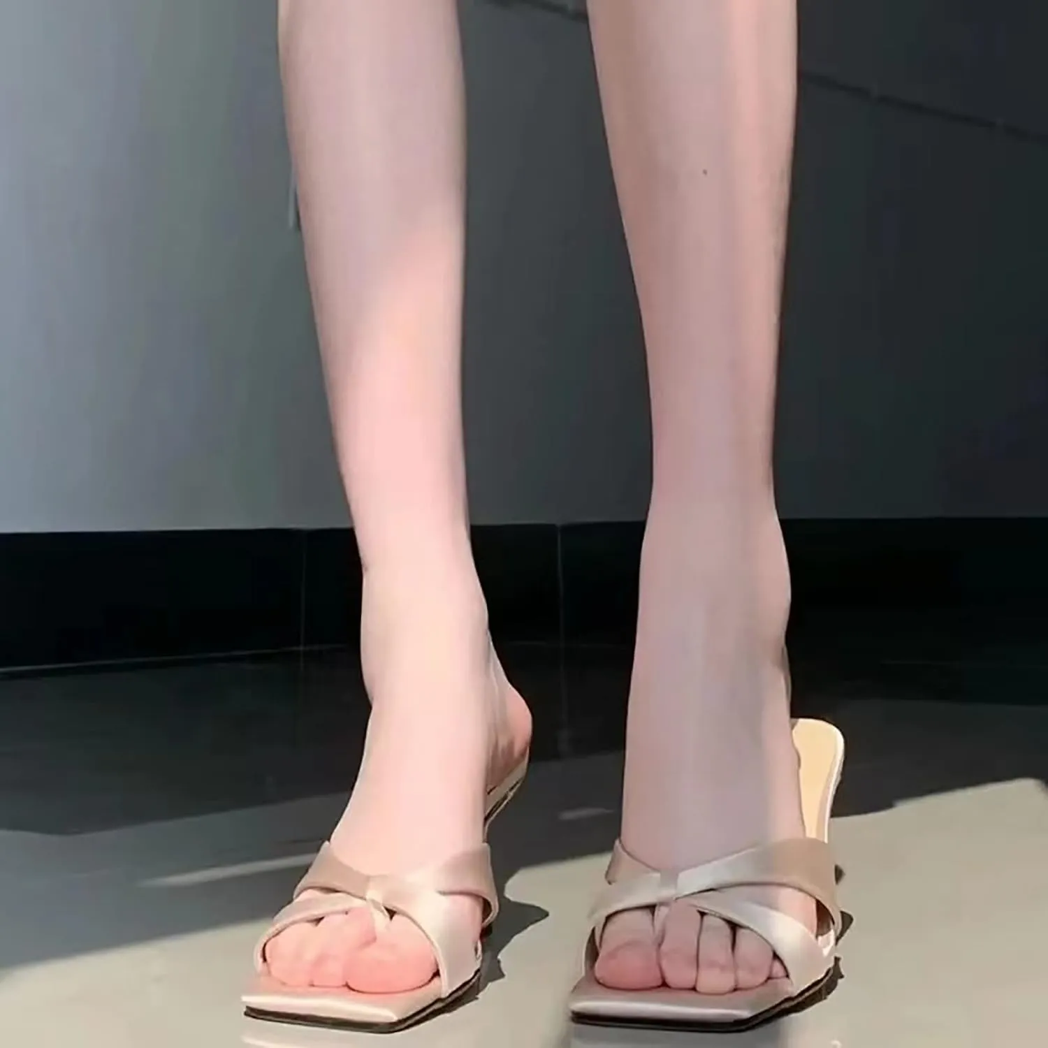 Women's Square Toe Slip On Open Toe Heeled Sandal,with Arch Support Summer Fashion Criss Cross Satin Cloth Sexy Stiletto Heel Dress Pumps Sandals Slippers