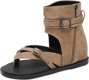 Women'S Strappy High Top Clip Toe Flat Roman Sandals with Denim Belt Buckle Retro Boho Gladiator Flip Flops Sandals with Side Zippers Boots Casual Cowboy Y2k Sandals
