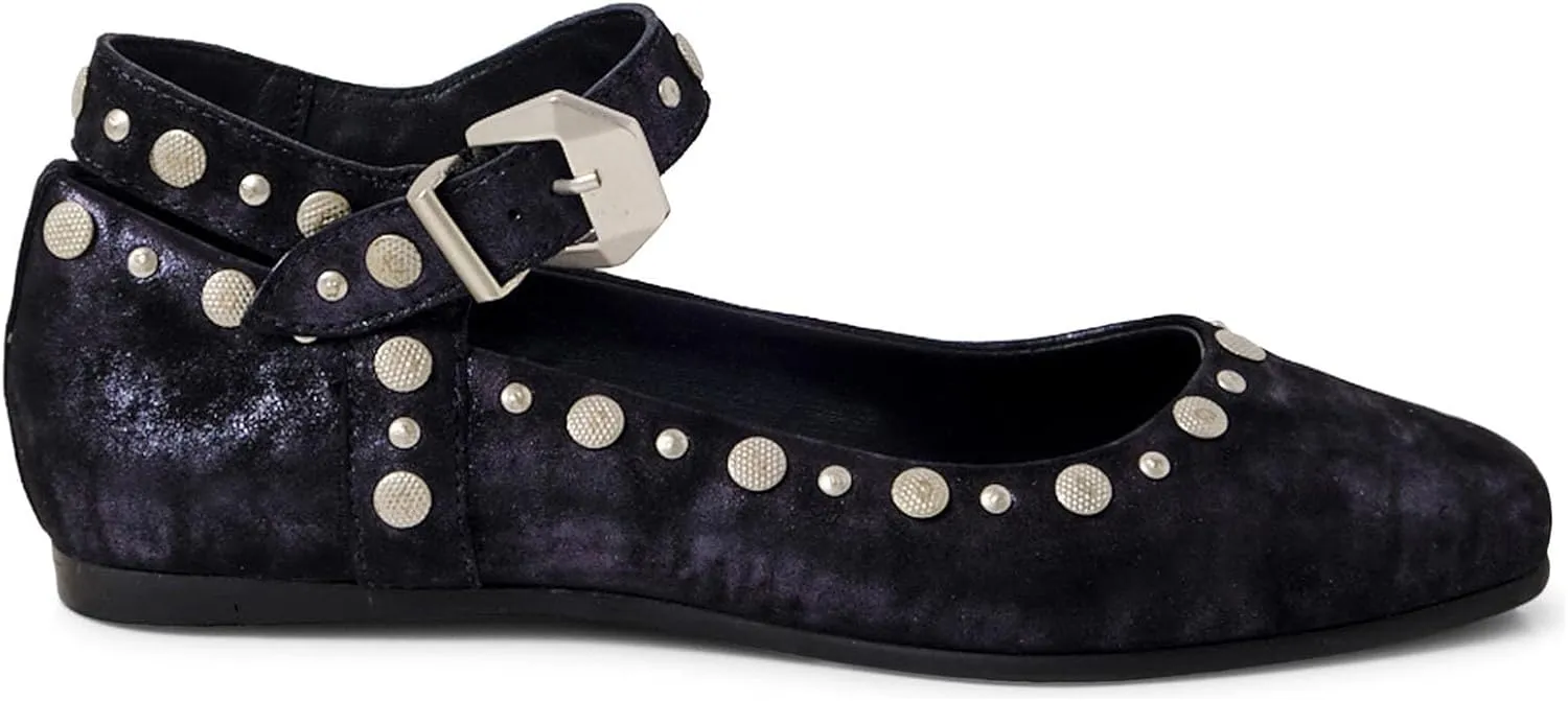 Women's Stud Mary Jane Flats Metallic Square Toe Ballet Flats Ankle Buckle Strap Comfy Ballerina Shoes