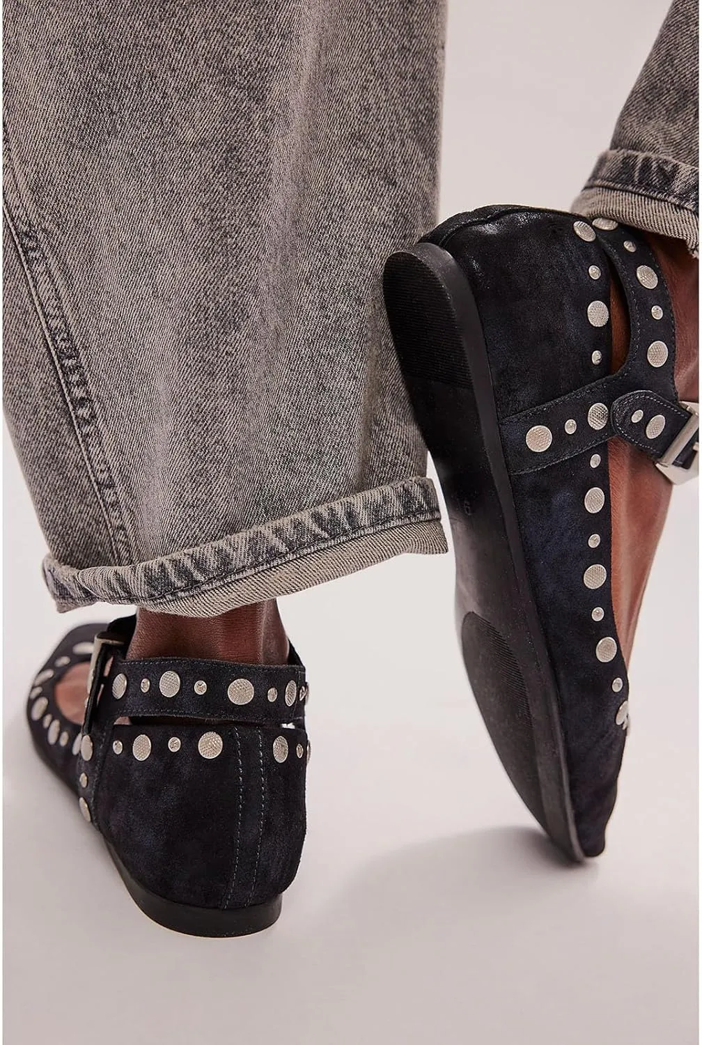 Women's Stud Mary Jane Flats Metallic Square Toe Ballet Flats Ankle Buckle Strap Comfy Ballerina Shoes