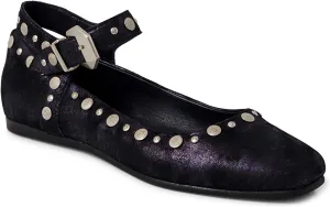Women's Stud Mary Jane Flats Metallic Square Toe Ballet Flats Ankle Buckle Strap Comfy Ballerina Shoes