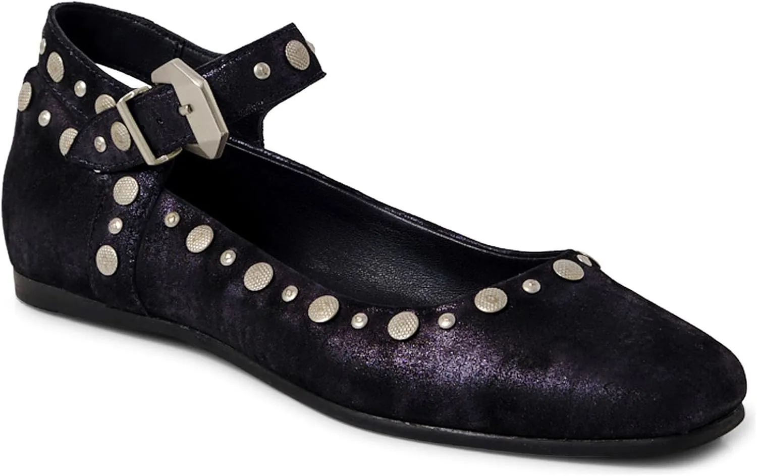 Women's Stud Mary Jane Flats Metallic Square Toe Ballet Flats Ankle Buckle Strap Comfy Ballerina Shoes
