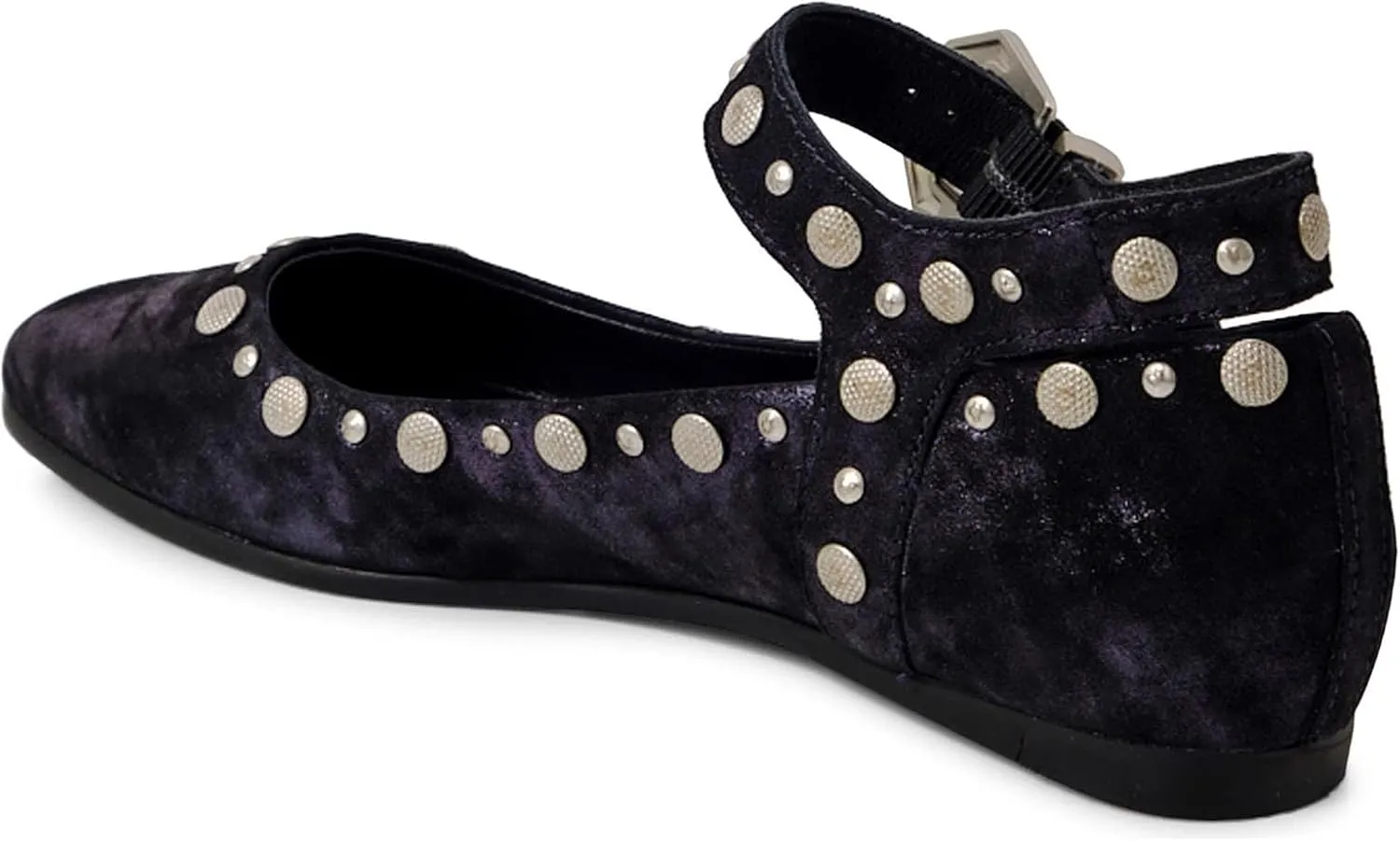 Women's Stud Mary Jane Flats Metallic Square Toe Ballet Flats Ankle Buckle Strap Comfy Ballerina Shoes