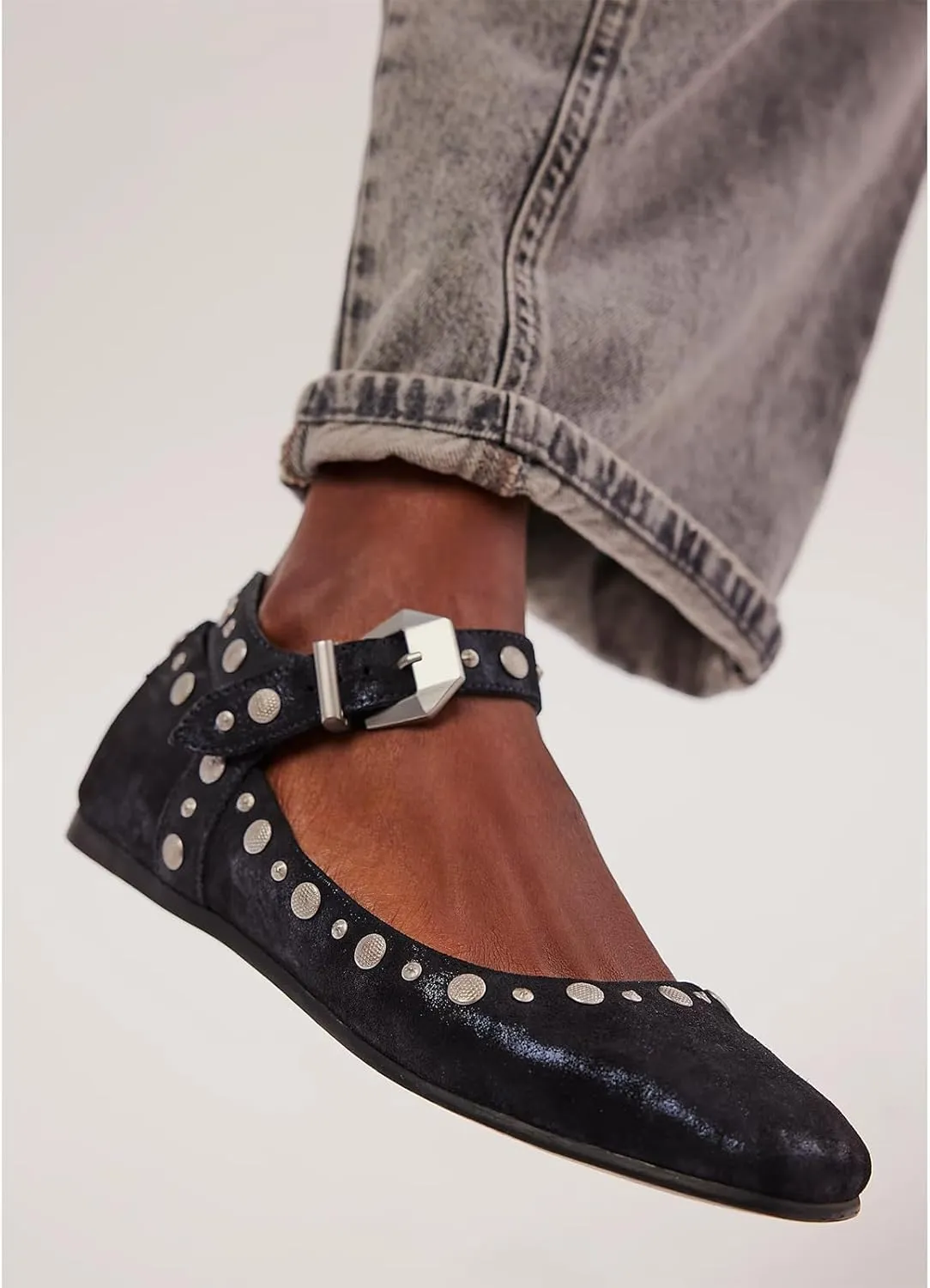 Women's Stud Mary Jane Flats Metallic Square Toe Ballet Flats Ankle Buckle Strap Comfy Ballerina Shoes