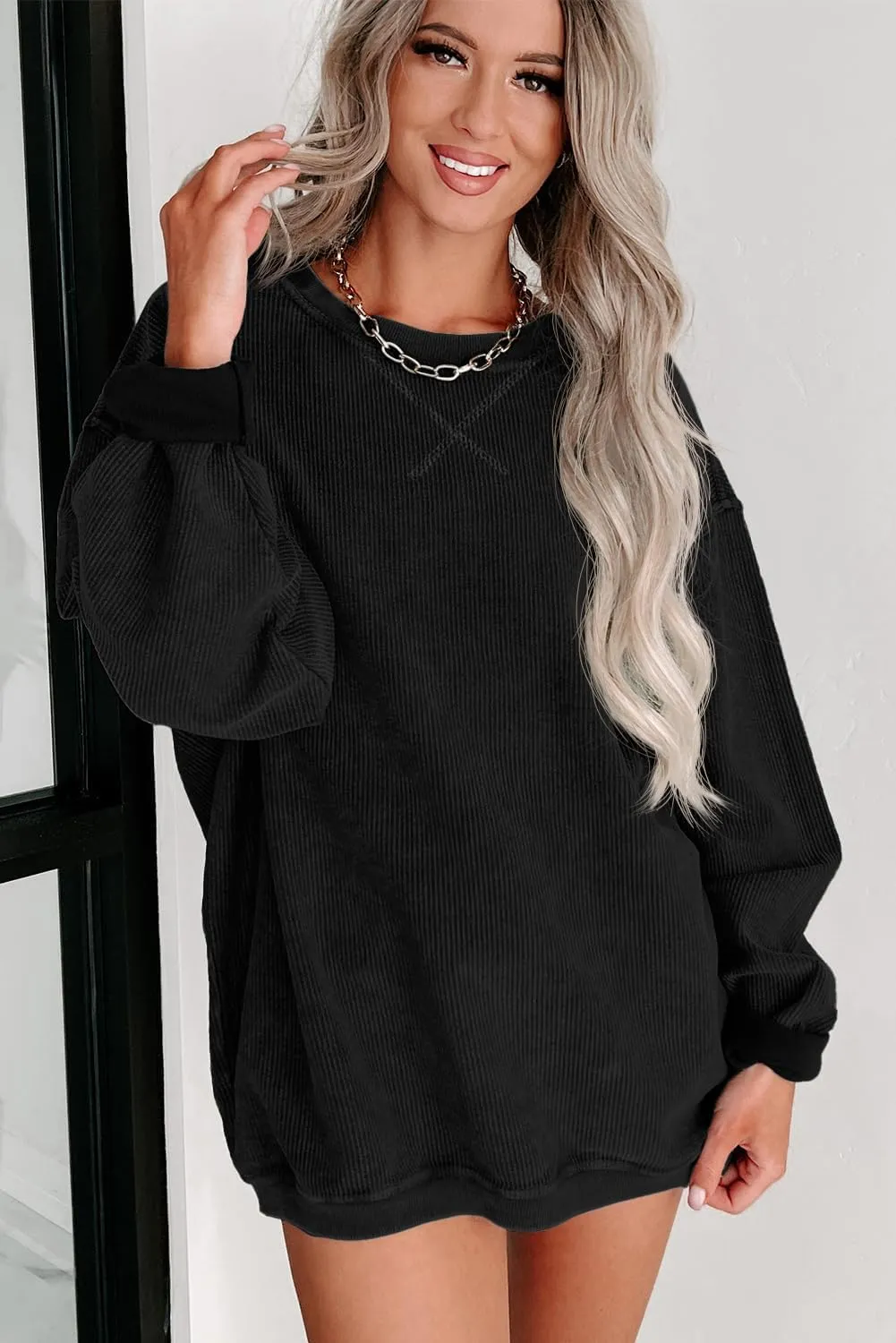 Womens Sweatshirts Casual Cored Corduroy Pullover Tops Oversized Long Sleeve Crewneck Shirts