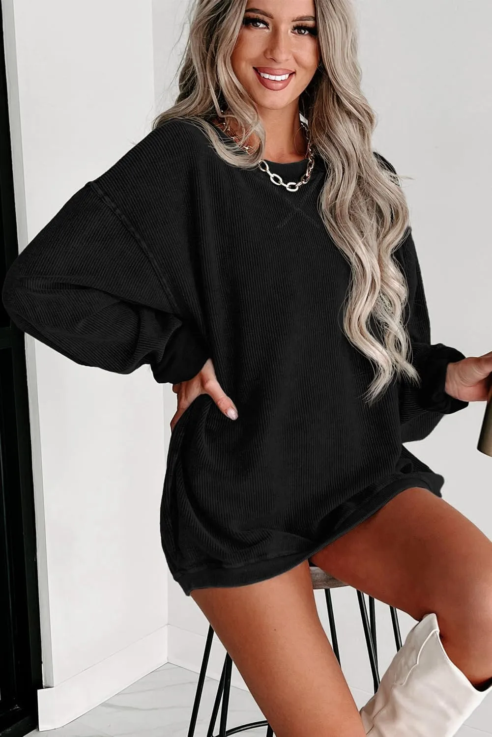Womens Sweatshirts Casual Cored Corduroy Pullover Tops Oversized Long Sleeve Crewneck Shirts