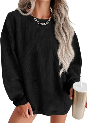 Womens Sweatshirts Casual Cored Corduroy Pullover Tops Oversized Long Sleeve Crewneck Shirts