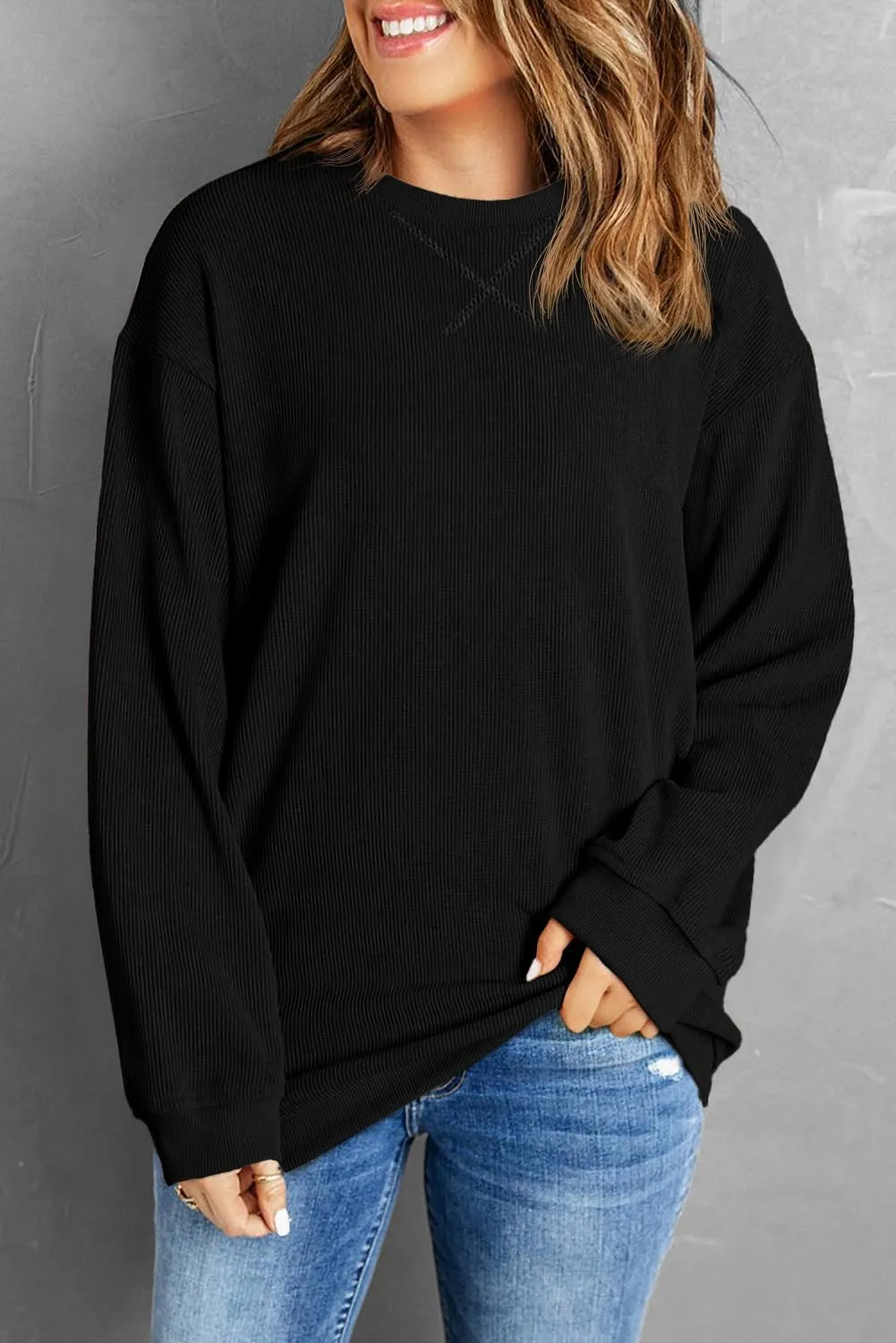 Womens Sweatshirts Casual Cored Corduroy Pullover Tops Oversized Long Sleeve Crewneck Shirts