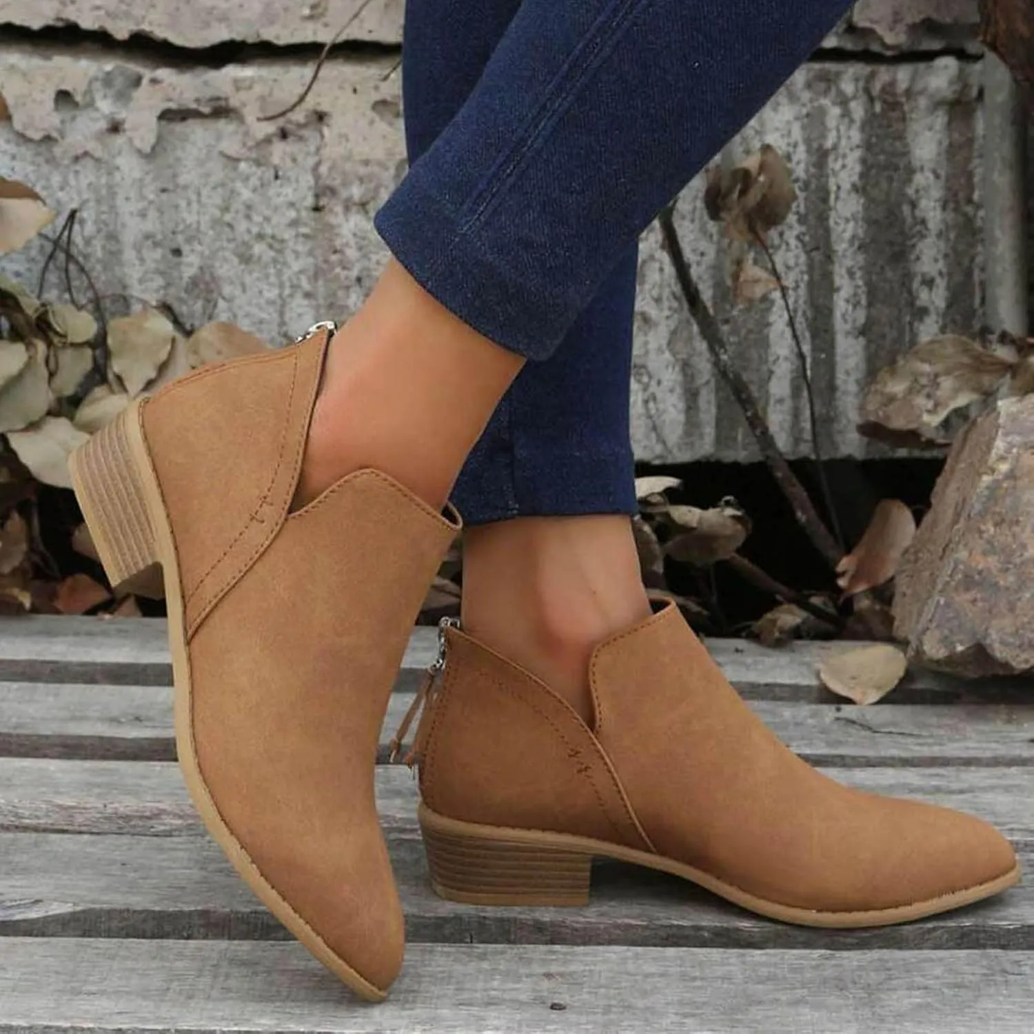 Womens V Cutout Ankle Boots Fashion Pointed Toe Chunky Stacked Heel Western Booties Zip Up Cowboy Boots Shoes Suede Chunky Low Heel Pull On Short Fall Winter Work Boots
