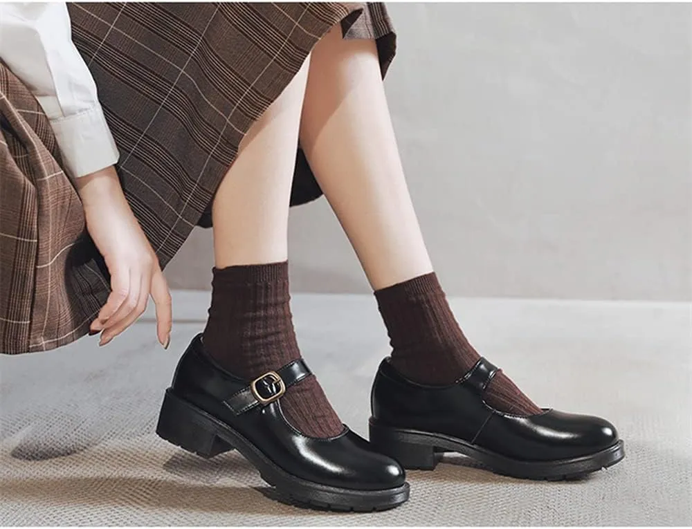 Women's Vintage Black/Brown Mary Jane Flats JK Uniform Dress Shoes