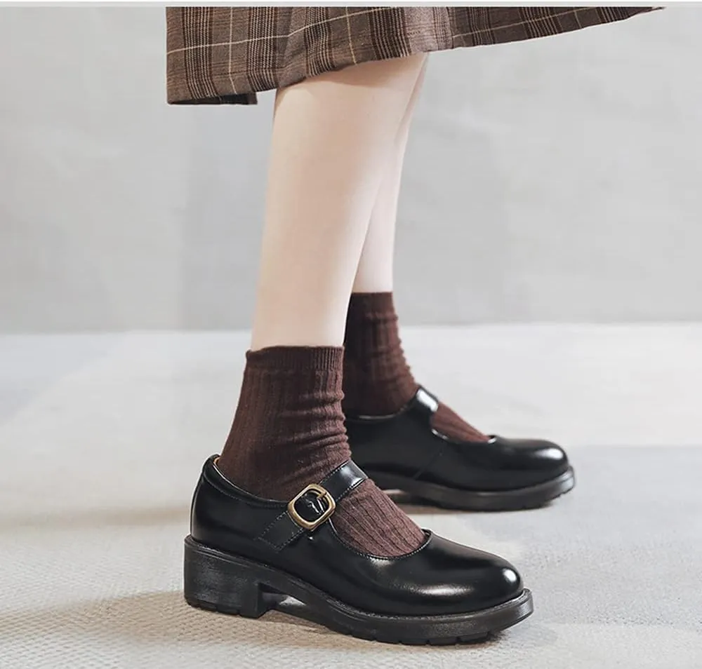 Women's Vintage Black/Brown Mary Jane Flats JK Uniform Dress Shoes