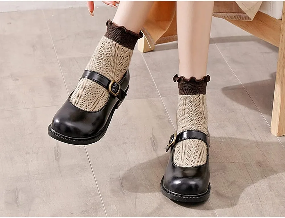 Women's Vintage Black/Brown Mary Jane Flats JK Uniform Dress Shoes