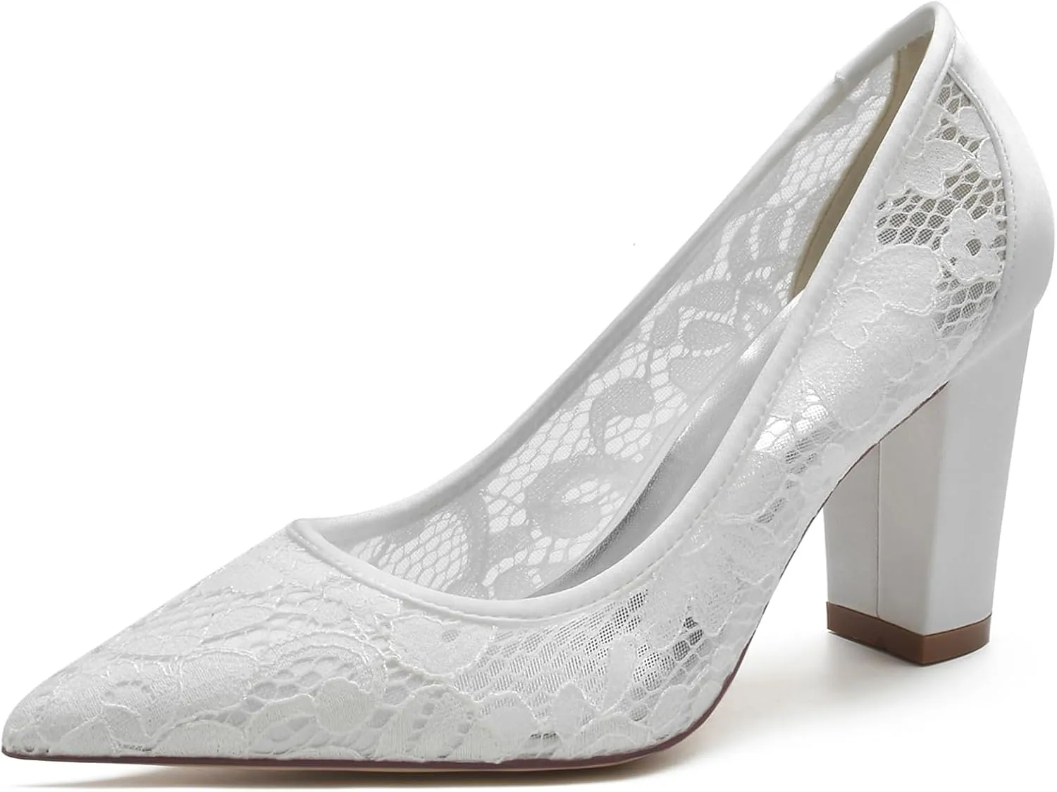 Women's Wedding Shoes Closed Toe Chunky High Heel Shoes Lace Satin Pumps Slip on Bridal Bridesmaid Pointed Toe Sandals