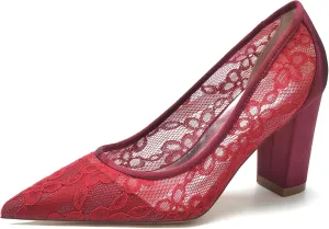 Women's Wedding Shoes Closed Toe Chunky High Heel Shoes Lace Satin Pumps Slip on Bridal Bridesmaid Pointed Toe Sandals