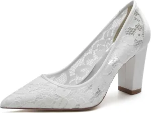 Women's Wedding Shoes Closed Toe Chunky High Heel Shoes Lace Satin Pumps Slip on Bridal Bridesmaid Pointed Toe Sandals