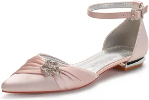 Women's Wedding Shoes for Bride Flats Pointed Toe Pumps Rhinestones Satin Ankle Strap Bridal Shoes
