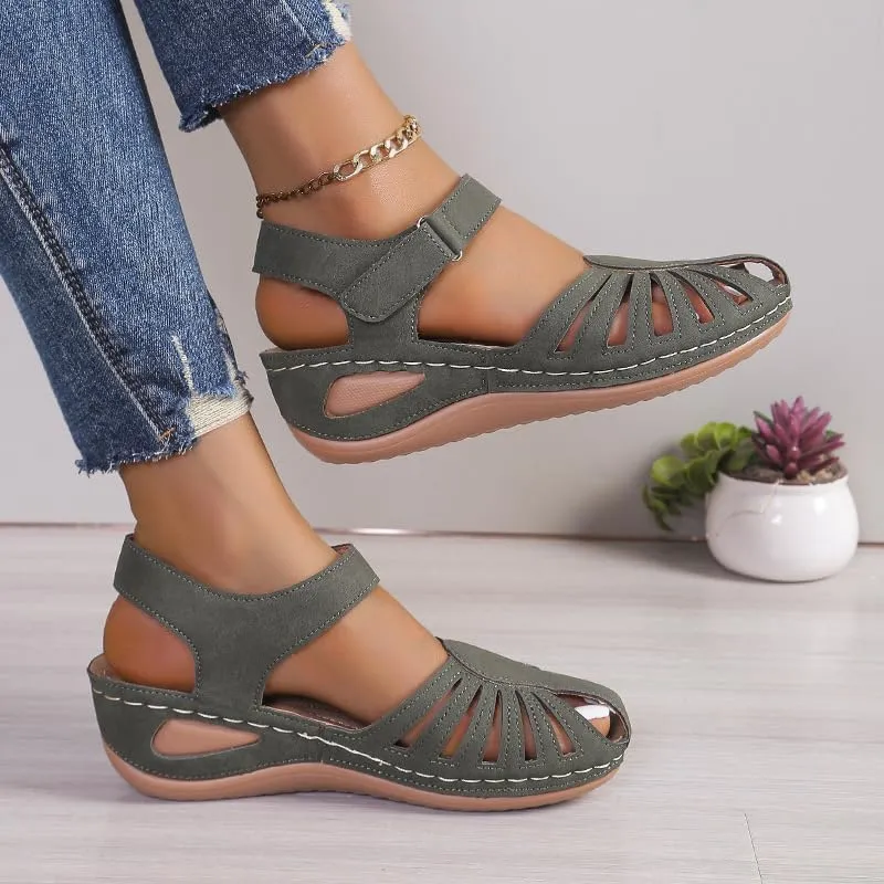 Women's Wedge Heels Ankle Strap Low Summer Sandals Closed Toe Hollow Out Orthopedic Bohemia Fishmouth Wedges Sandal Hollow Out Strap Comfy Outdoor Beach Athletic Shoes
