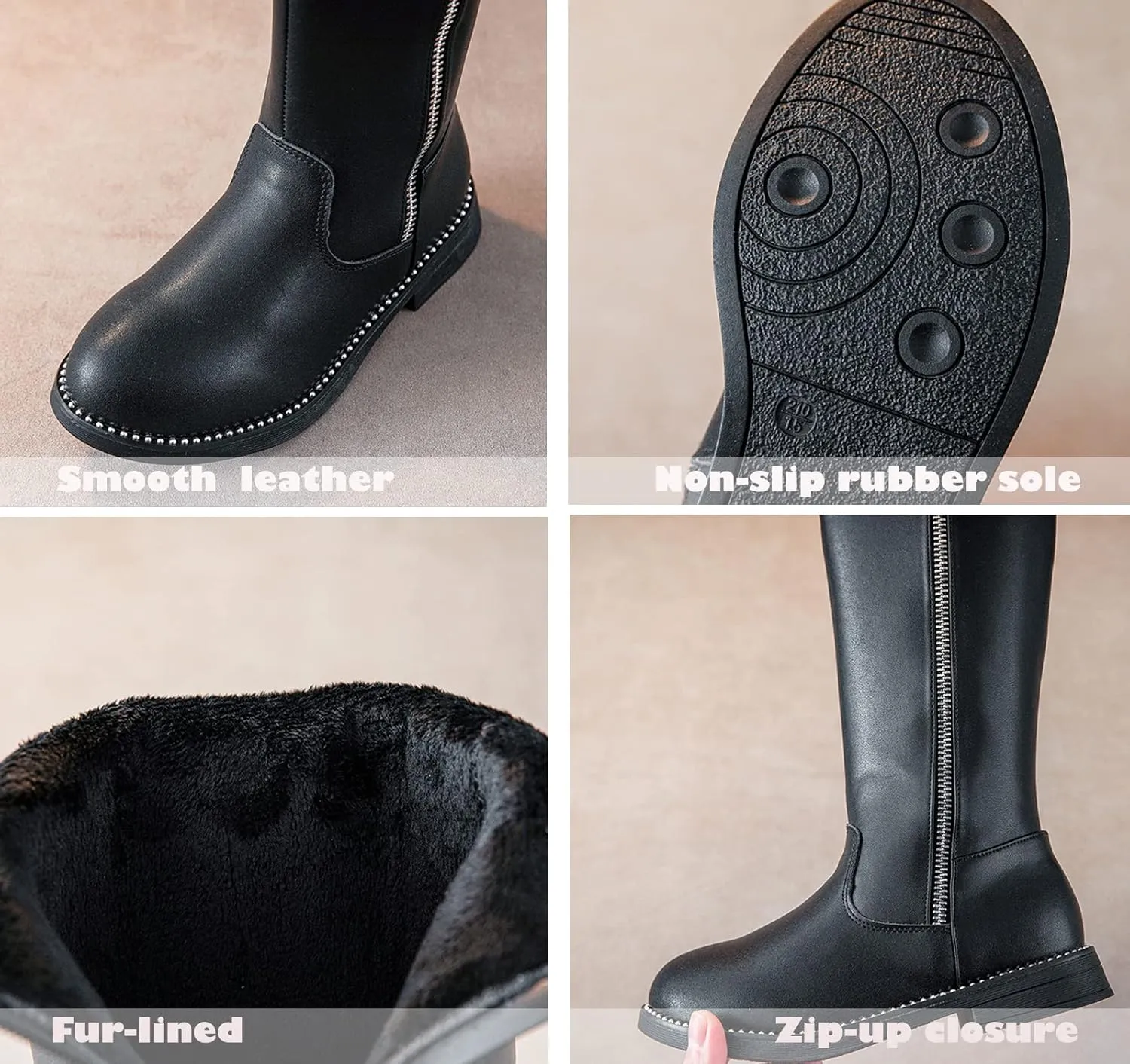 WUIWUIYU Girls Cute Leather Zip-Up Knee High Boots Warm Fur-Lined Snow Boots Costume Ridding Boot