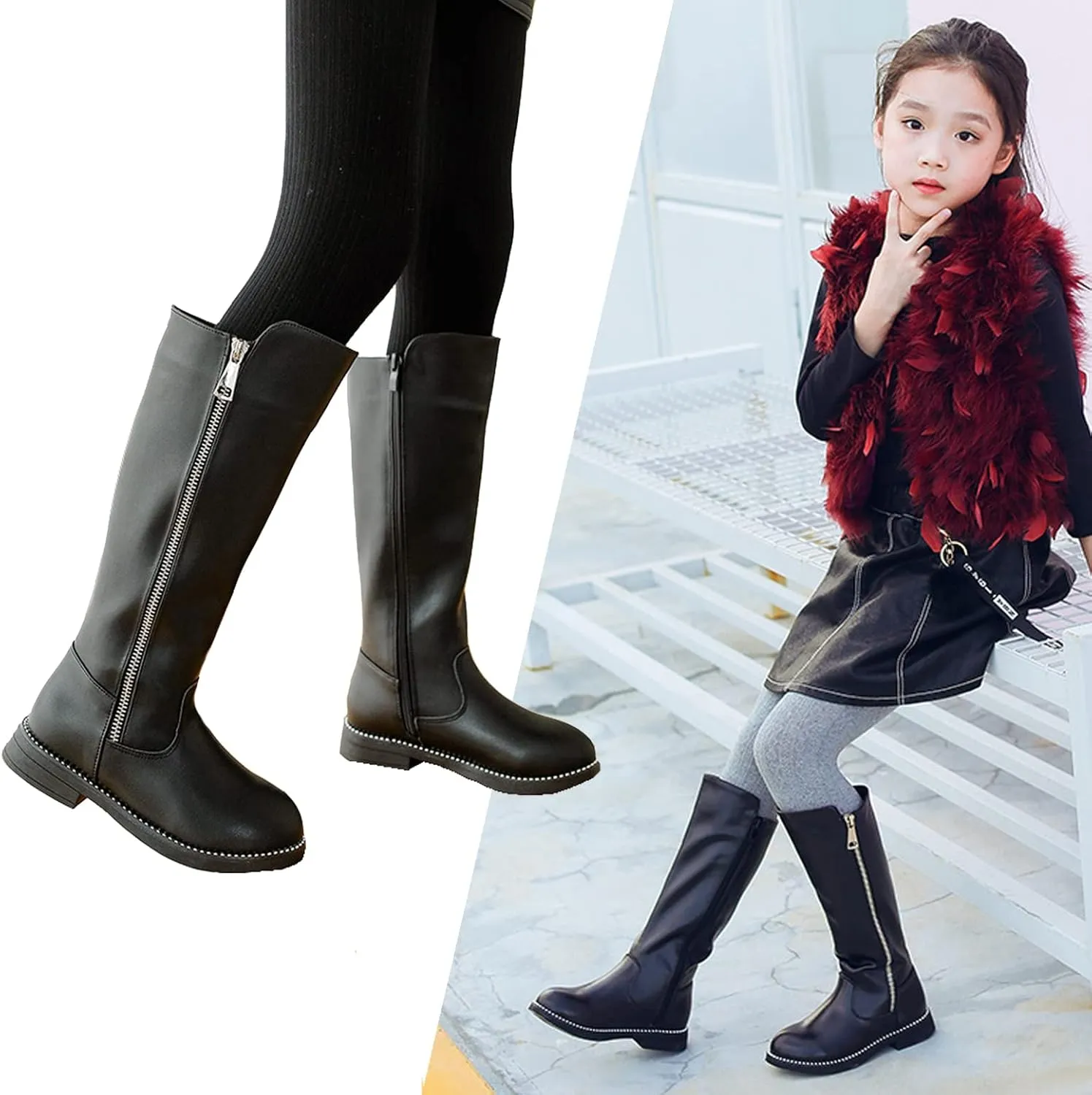 WUIWUIYU Girls Cute Leather Zip-Up Knee High Boots Warm Fur-Lined Snow Boots Costume Ridding Boot