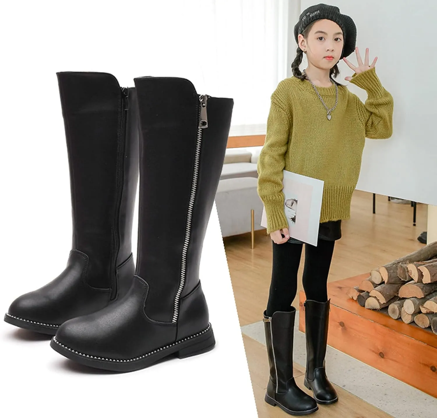 WUIWUIYU Girls Cute Leather Zip-Up Knee High Boots Warm Fur-Lined Snow Boots Costume Ridding Boot