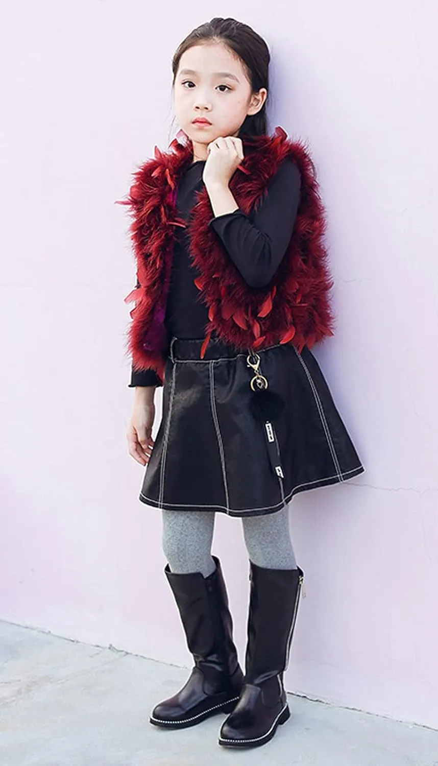 WUIWUIYU Girls Cute Leather Zip-Up Knee High Boots Warm Fur-Lined Snow Boots Costume Ridding Boot