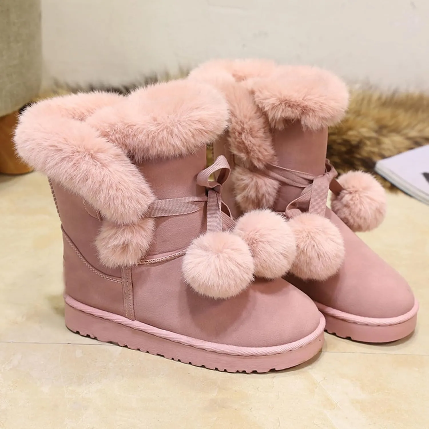 WUIWUIYU Women's Cute Pom-pom Lace Up Fur Winter Snow Boots Sweetheart Princess Fluffy Boots