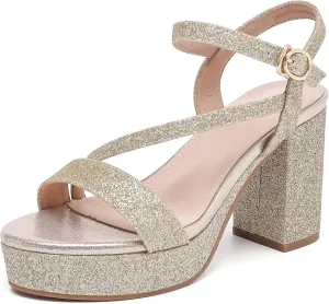 WUIWUIYU Women's Girls' Platform Heels High Block Chunky Heel Open Toe Ankle Strap Shiny Heeled Sandals Wedding Party Evening Prom Dance Dress Sandals