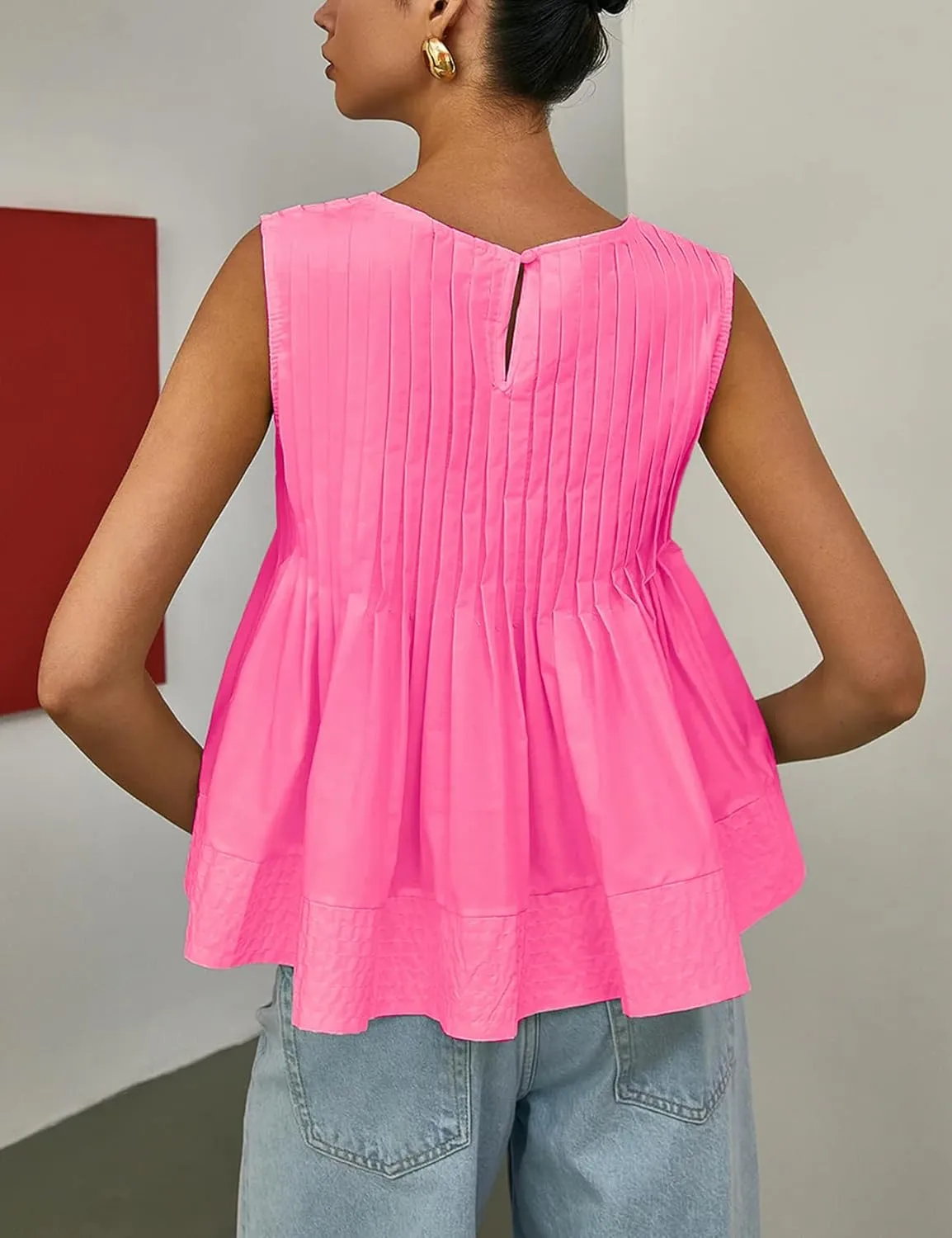 Wyeysyt Womens Pleated Peplum Tops Summer Sleeveless Ruffled Tank Tops Babydoll Blouse Casual Shirred Flowy Shirts