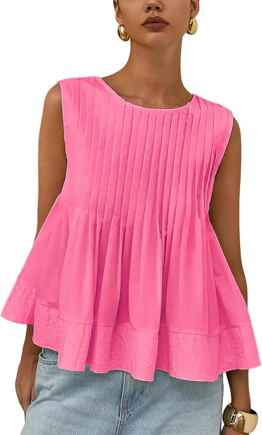 Wyeysyt Womens Pleated Peplum Tops Summer Sleeveless Ruffled Tank Tops Babydoll Blouse Casual Shirred Flowy Shirts