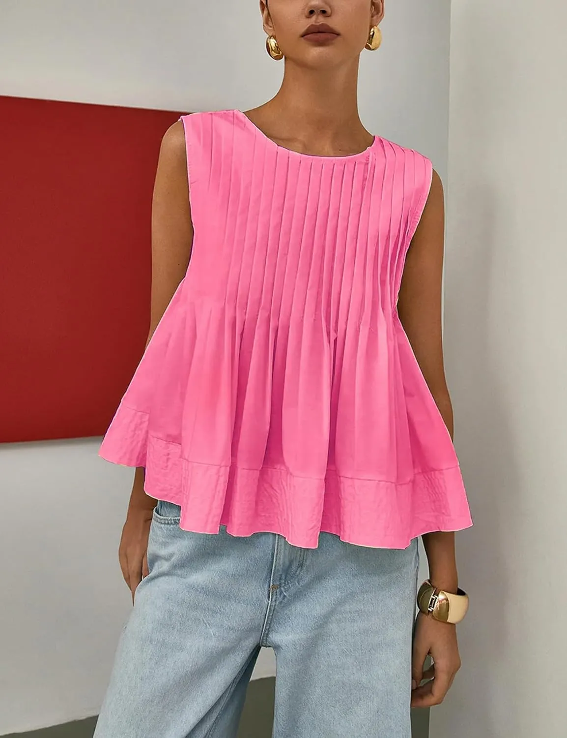 Wyeysyt Womens Pleated Peplum Tops Summer Sleeveless Ruffled Tank Tops Babydoll Blouse Casual Shirred Flowy Shirts
