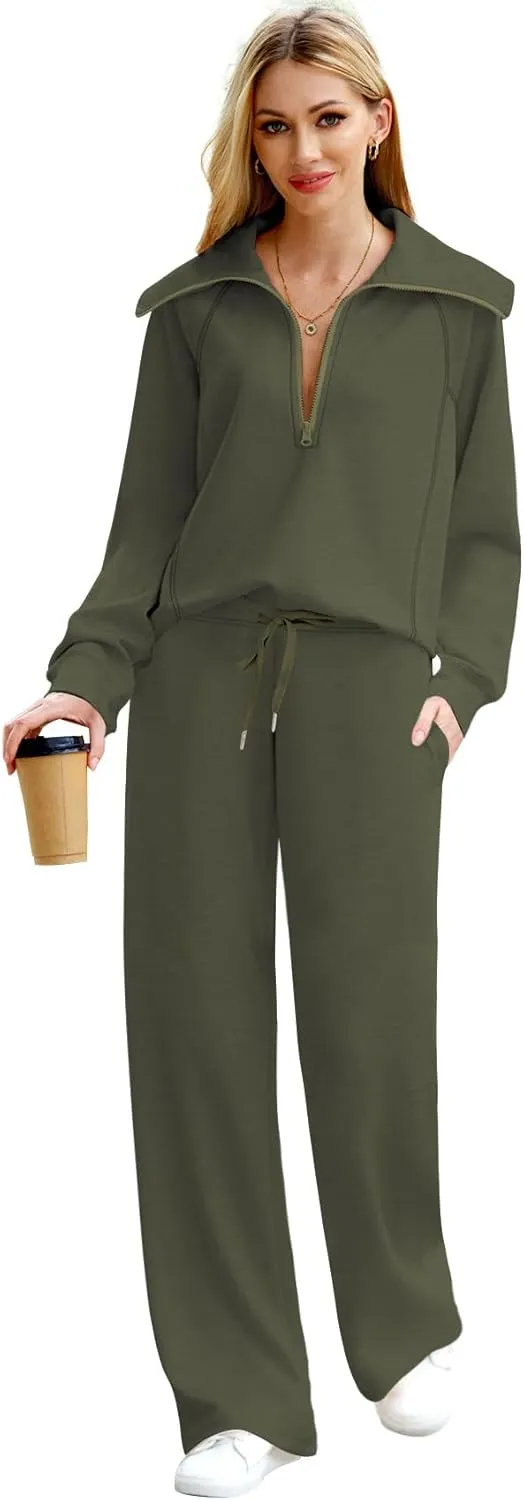 XIEERDUO Lounge Sets For Women 2024 Half Zip Sweatshirt And Wide Leg Sweatpant 2 Piece Outfits Sweatsuit Tracksuit