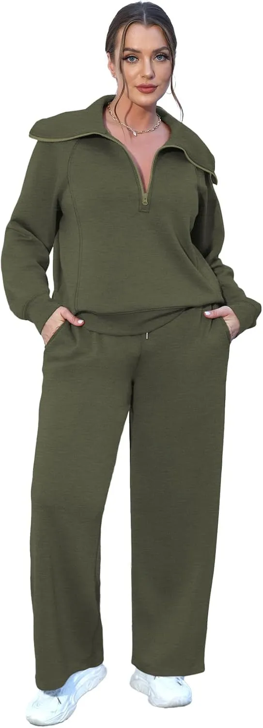XIEERDUO Lounge Sets For Women 2024 Half Zip Sweatshirt And Wide Leg Sweatpant 2 Piece Outfits Sweatsuit Tracksuit