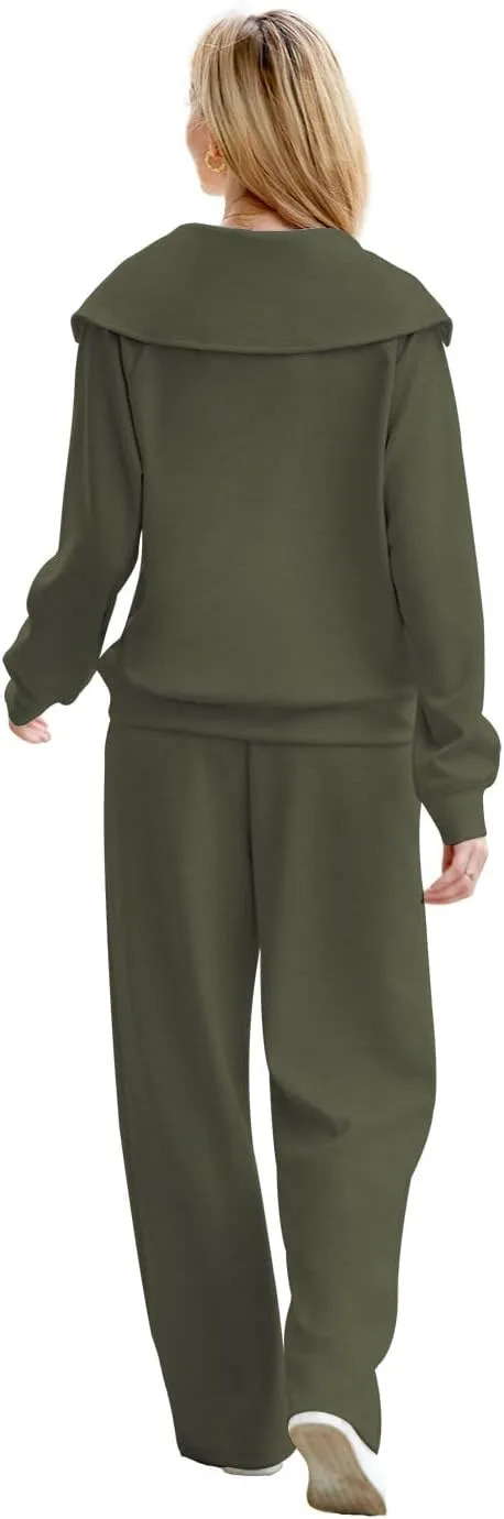 XIEERDUO Lounge Sets For Women 2024 Half Zip Sweatshirt And Wide Leg Sweatpant 2 Piece Outfits Sweatsuit Tracksuit