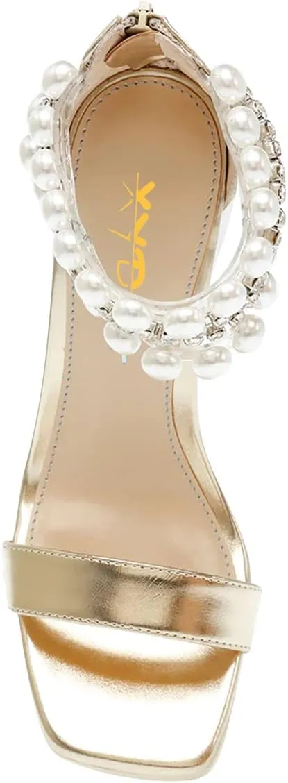 XYD Square Open Toe Ankle Strap Dress Sandals Chunky Heels Platform Rhinestone Transparent High Heeled Pumps Back Zip Prom Wedding Shoes for Women