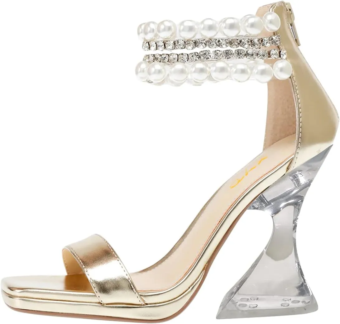 XYD Square Open Toe Ankle Strap Dress Sandals Chunky Heels Platform Rhinestone Transparent High Heeled Pumps Back Zip Prom Wedding Shoes for Women