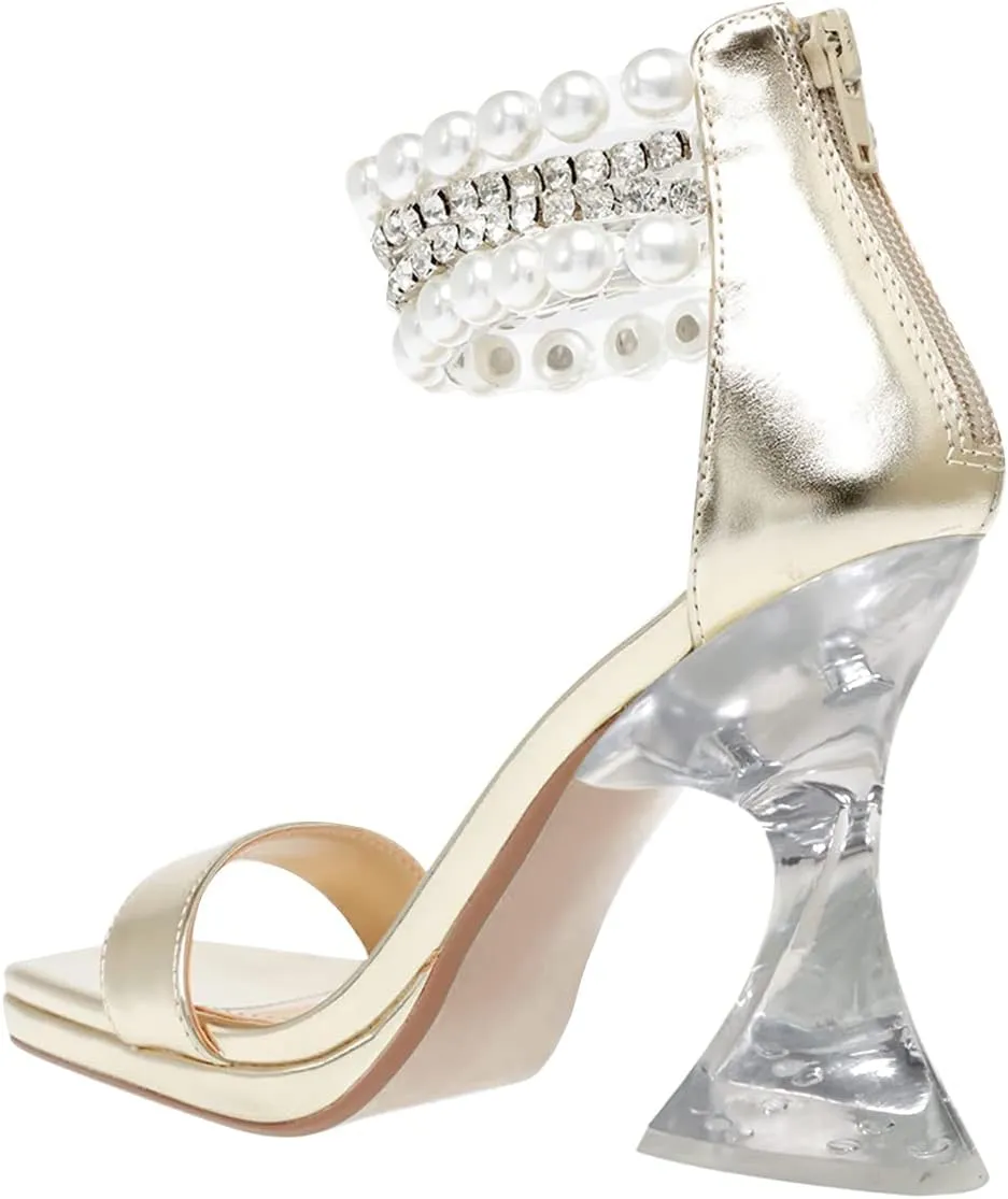 XYD Square Open Toe Ankle Strap Dress Sandals Chunky Heels Platform Rhinestone Transparent High Heeled Pumps Back Zip Prom Wedding Shoes for Women
