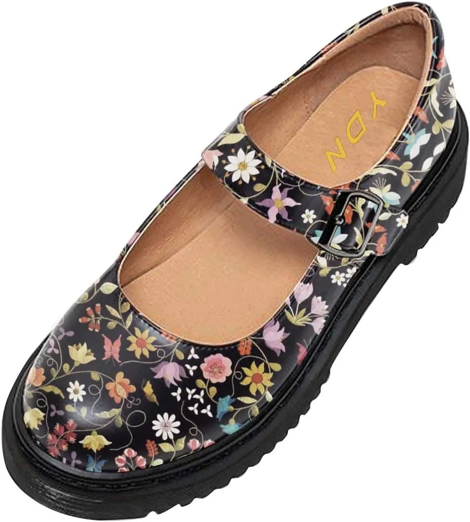 YDN Women Classic Round Closed Toe Mary Jane Flats Platform Adjustable Single Ankle Strap Buckle Comfy Cute Pump Leather Patry Cosplay Girls Dress Shoe Size 4-16
