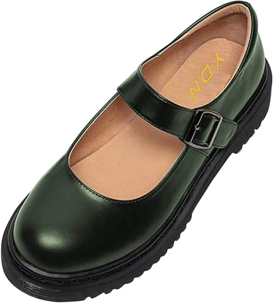 YDN Women Classic Round Closed Toe Mary Jane Flats Platform Adjustable Single Ankle Strap Buckle Comfy Cute Pump Leather Patry Cosplay Girls Dress Shoe Size 4-16