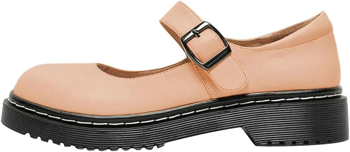 YDN Women Classic Round Closed Toe Mary Jane Flats Platform Adjustable Single Ankle Strap Buckle Comfy Cute Pump Leather Patry Cosplay Girls Dress Shoe Size 4-16