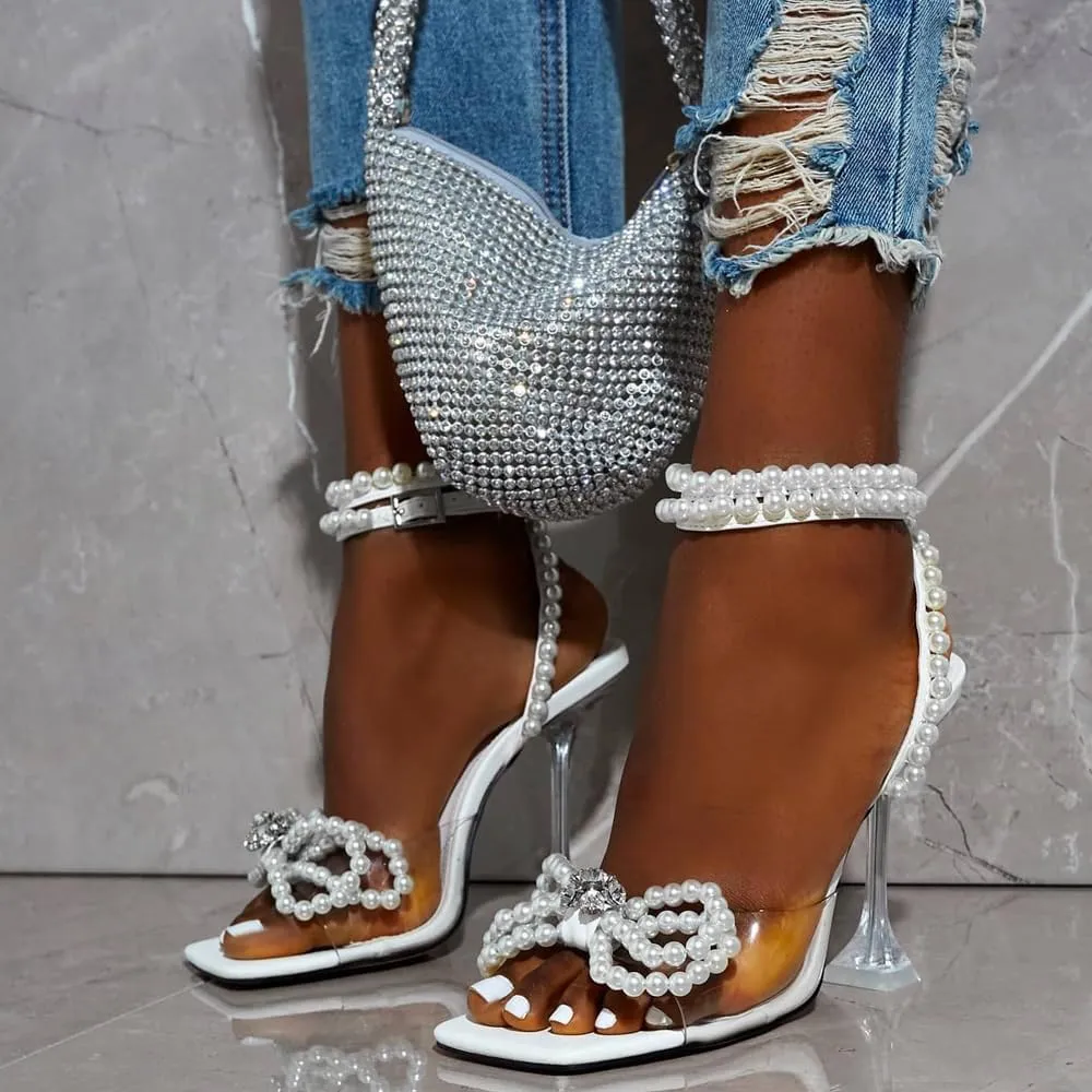 YIYA Women's Open Square Toe White Clear Pearl Heels Sandals with Rhinestone Bow Strappy Pearl Ankle Strap Stiletto High Heels for Party Wedding
