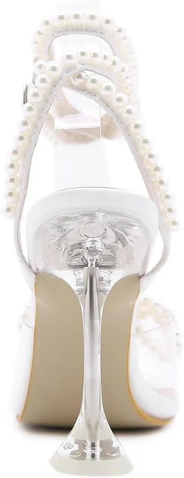 YIYA Women's Open Square Toe White Clear Pearl Heels Sandals with Rhinestone Bow Strappy Pearl Ankle Strap Stiletto High Heels for Party Wedding