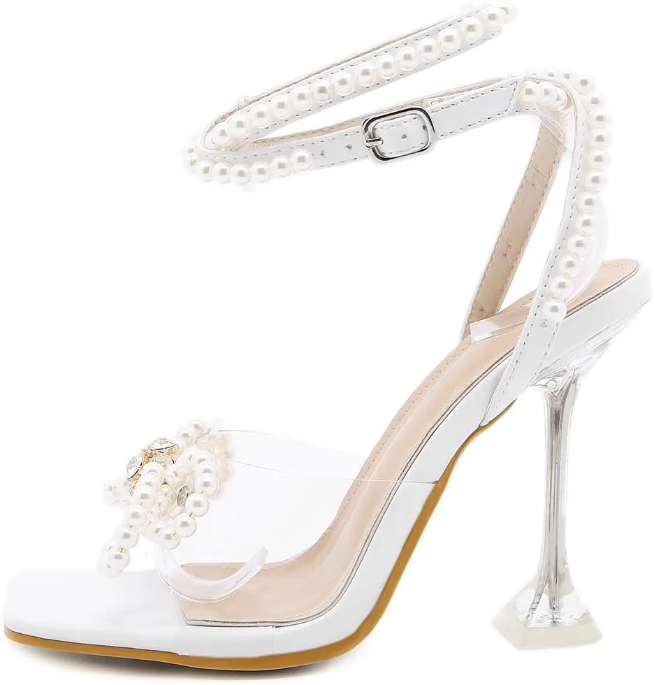 YIYA Women's Open Square Toe White Clear Pearl Heels Sandals with Rhinestone Bow Strappy Pearl Ankle Strap Stiletto High Heels for Party Wedding