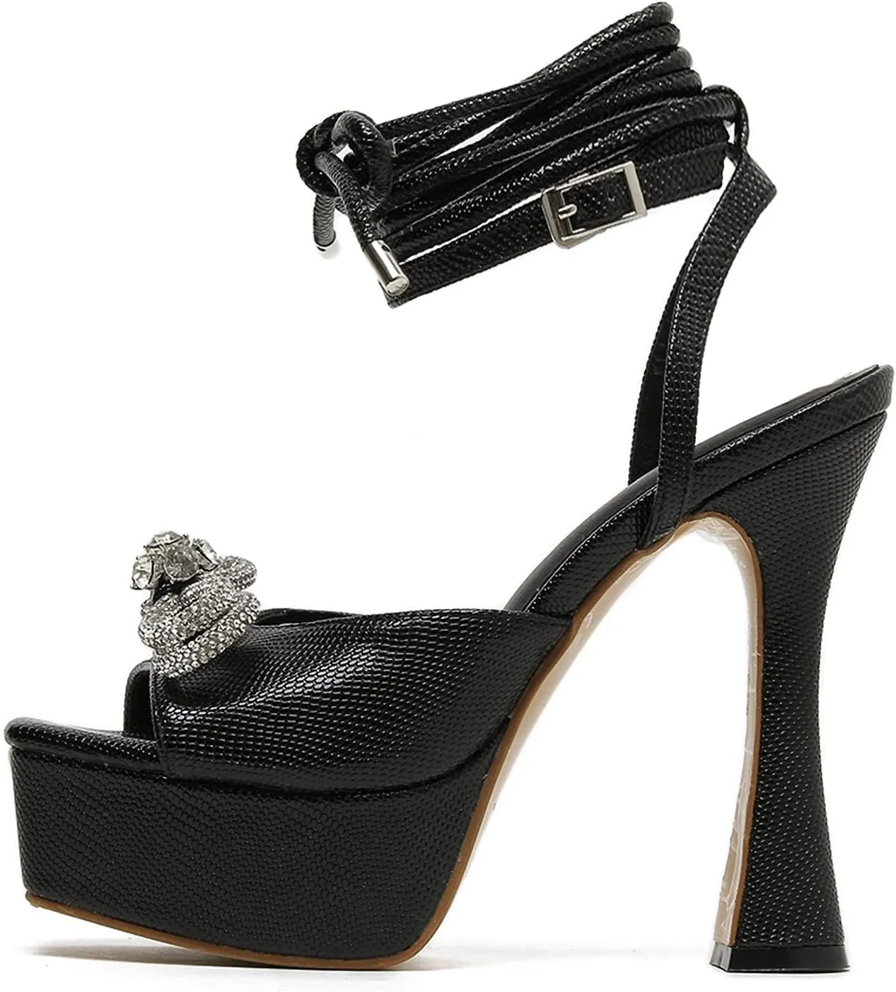 Yolkomo Women's Platform Chunky Heel Sandals Square Toe Rhinestone Bow Heels